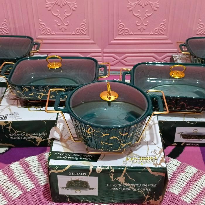 Prasmanan Pesta Fiorenza Keramik Marble Set 5 Buah Bulat Gold - hijau