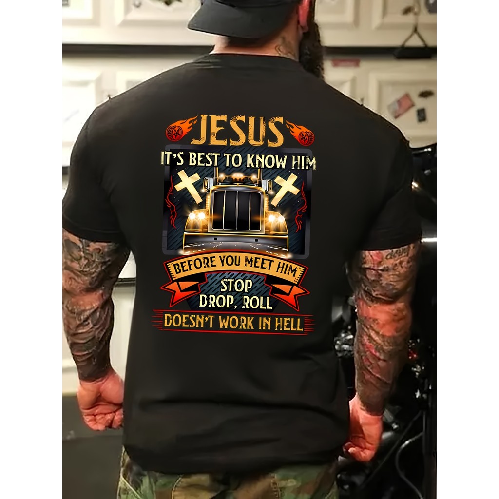 Kaos Pria Jumbo Motif Religi 'Kenal Yesus Terbaik' - Desain Api dan Salib, Atasan Lengan Pendek Katu