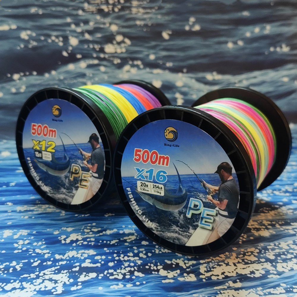 BingoLife Tali Pancing Braided Mega Spool 500m Kekuatan 11.3kg~150kg Senar PE X12 X16 untuk Memancin