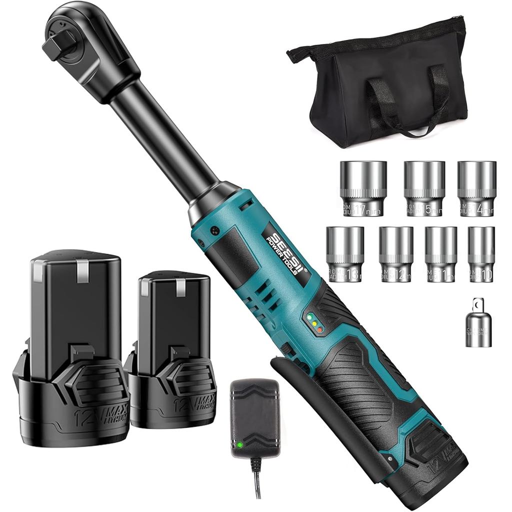 Obeng Ratchet Listrik Tanpa Kabel Seesii Extended 3/8" Torsi 40 Ft-lbs Leher Panjang 6" 220RPM 2 Pak