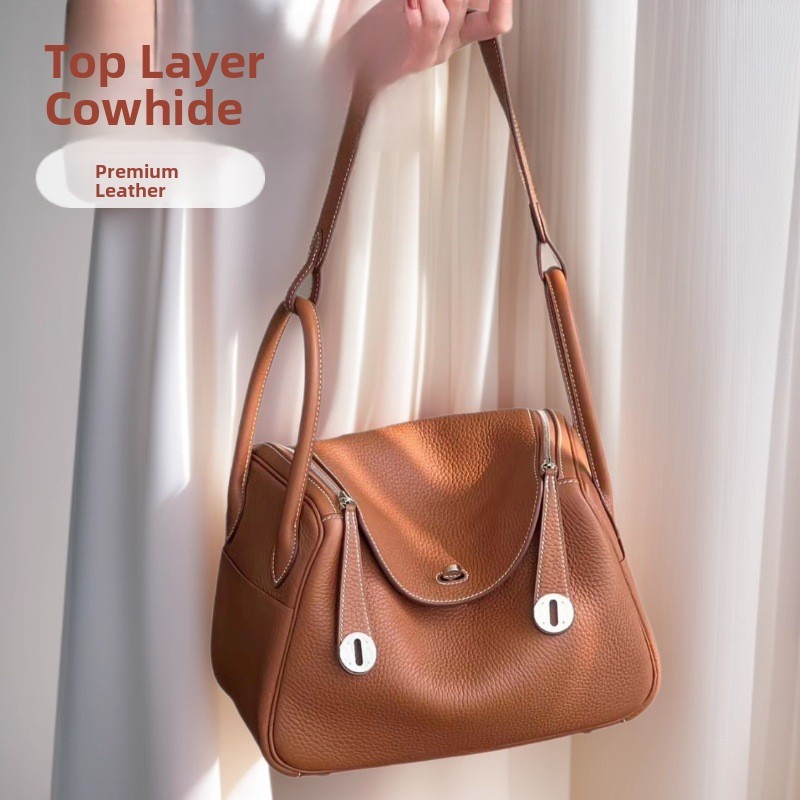 2025 New Women's Leather Handbag Top Layer Cowhide Lindy Versatile Shoulder Bag Boston Bag Style Sof
