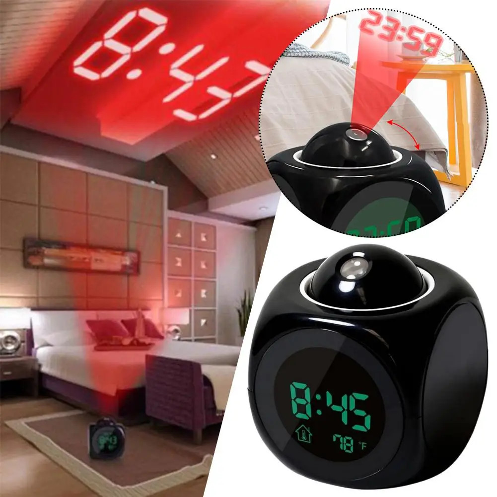 Jam Alarm Projection LCD Digital Voice Thermometer Suhu Waktu 12/24 Jam Proyeksi Laser Tembok Langit