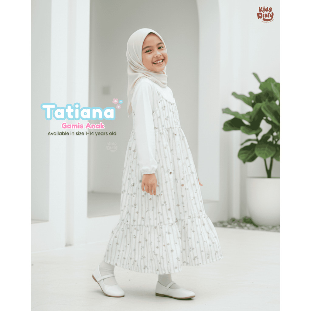 Kids Diary Plus - Gamis Anak Putih Motif Cantik Bunga Tatiana Rayon Twill Mix Elora Cringkle 1-14 Ta