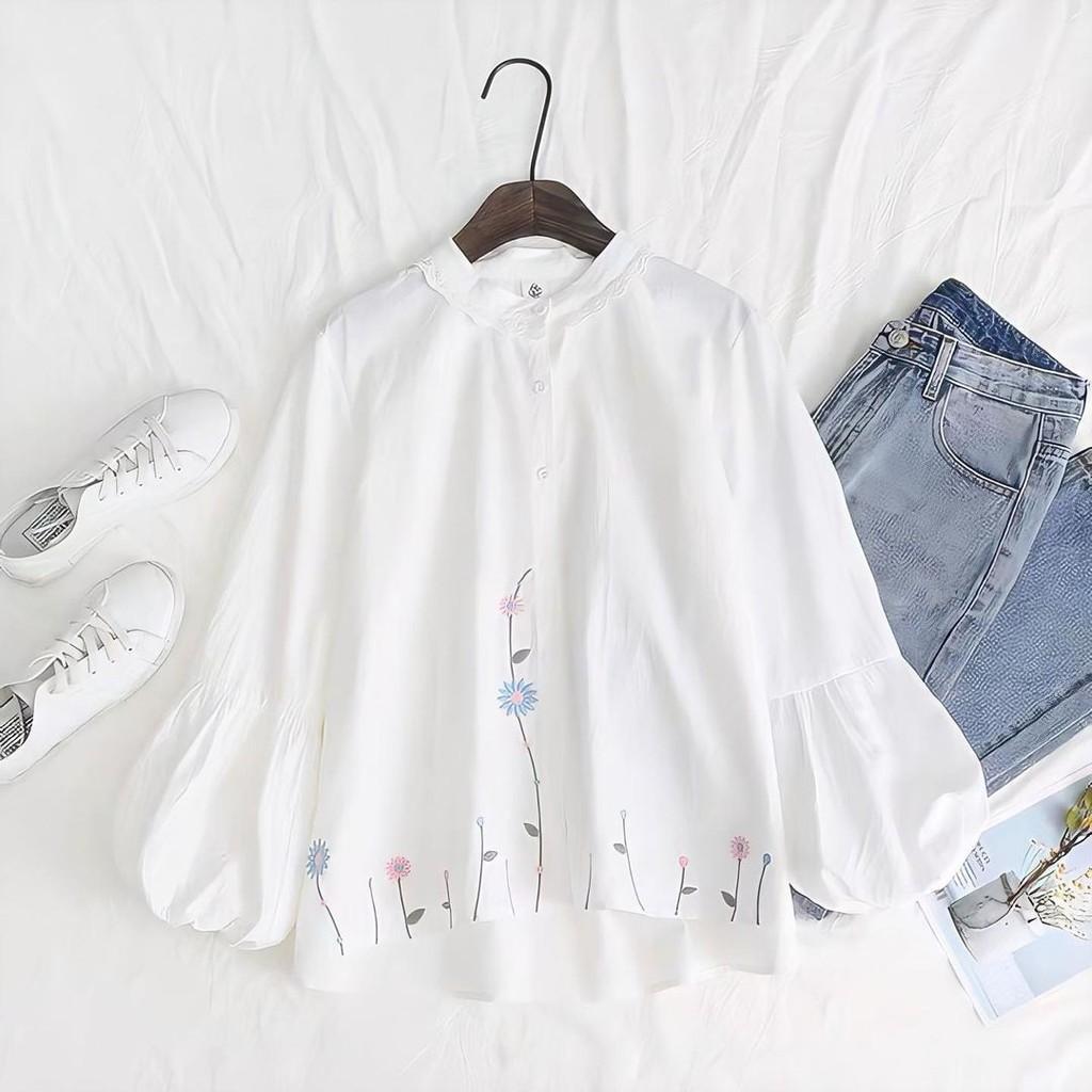 Kemeja Putih Motif Bordir Kalila Top Baju Atasan Wanita Fashion Muslim Kekinian Korean Style Lengan 