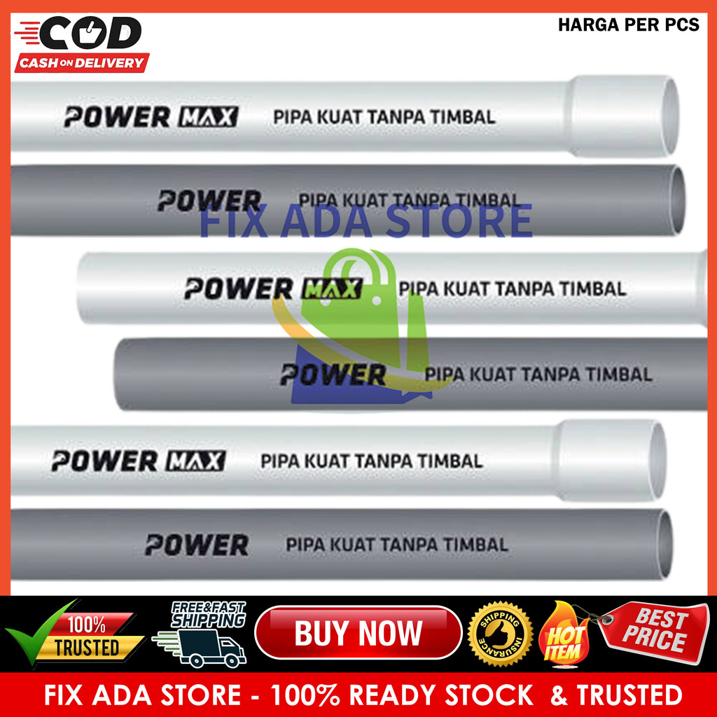 Pipa Power PVC Paralon 1'' 1/2" Inch Inchi Pipe Plastik Pelastik In Putih Abu Tidak Non Tanpa Timbal