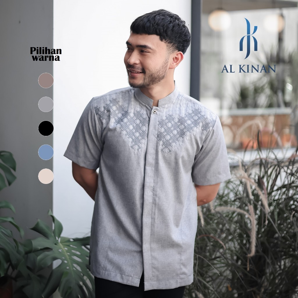 ZIZISHOP baju kemeja koko pria dewasa bordir katun madina lengan pendek warna hitam alkinan ak054
