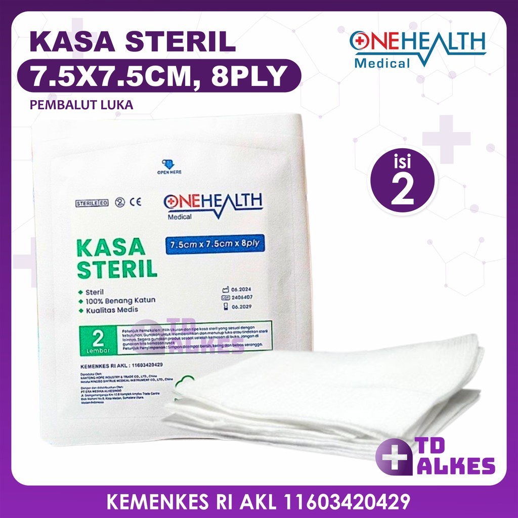 OneHealth Kasa Sterile 7.5x7.5 cm 8 Ply isi 2  Peralatan Pembersih Perban Lipat Dalam Penutup Luka P