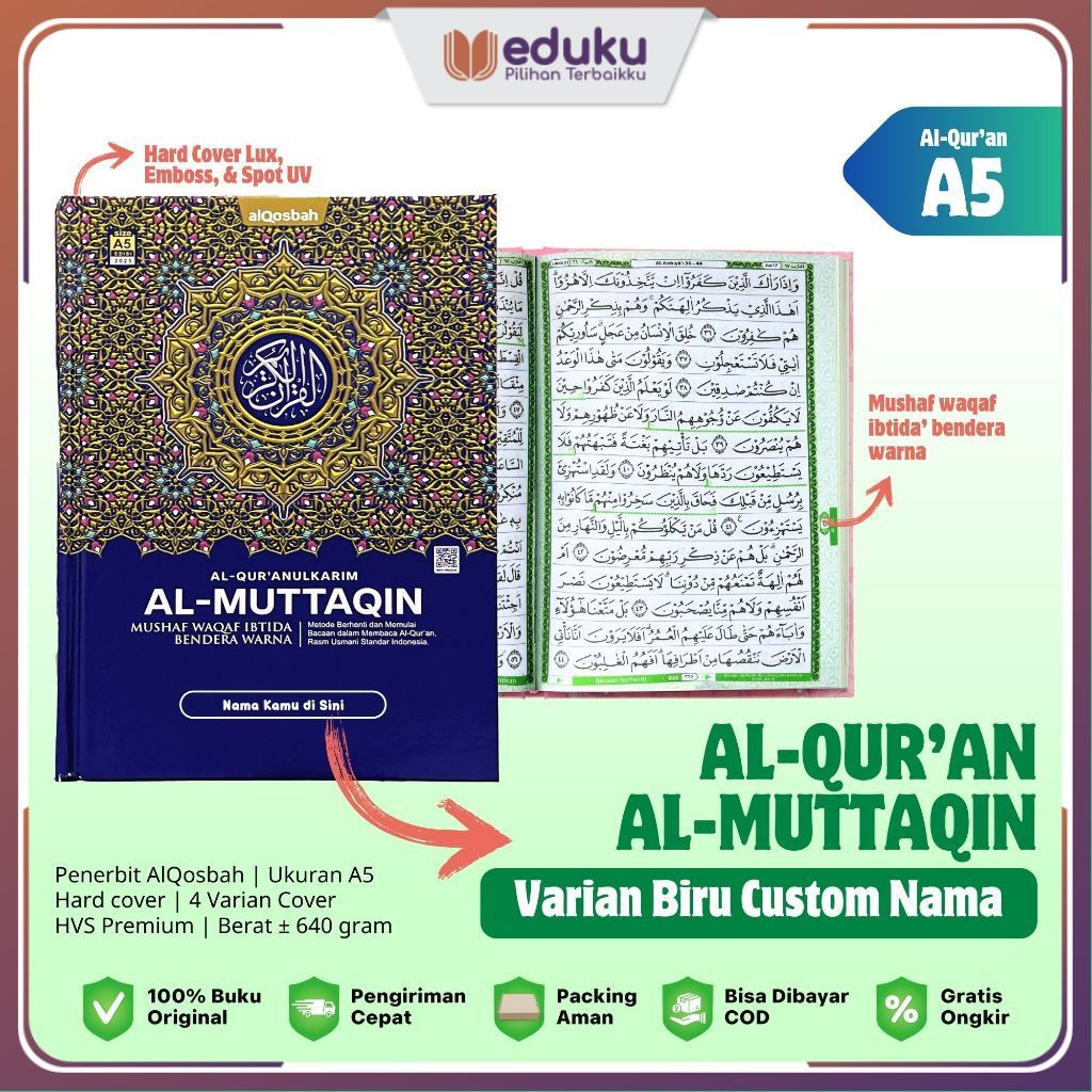 Alqosbah - A5 Al Quran Al Muttaqin - Free Custom Nama - Al Qur'an Hardcover Non Terjemahan 4 Warna