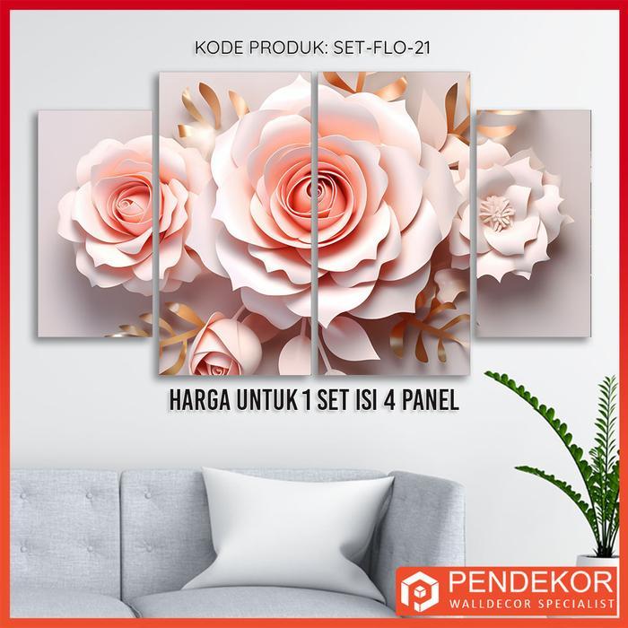 Hiasan Dinding 1 Set Bunga 3D Elegan 4 Panel Wall Decor Motif Pink Gold Flower Pajangan Kamar Aesthe