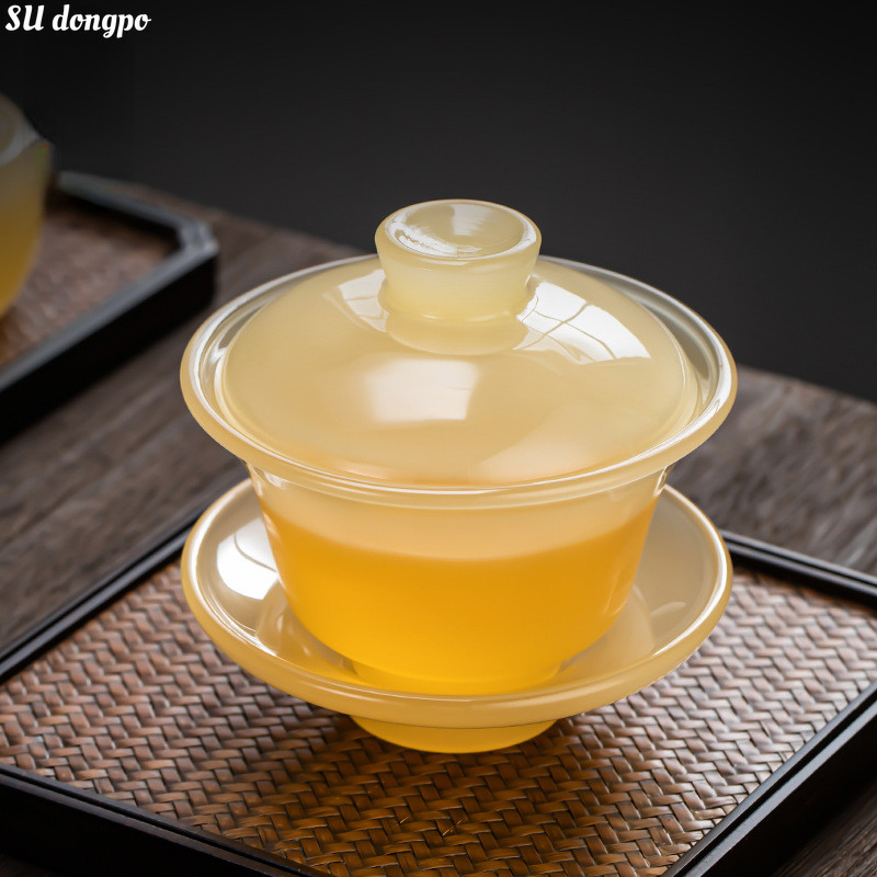 inese Yellow Dragon Gaiwan Teacup Jade Porcelain Sancai Cover Bowl Tea Cup Thickened Large Glass Cup