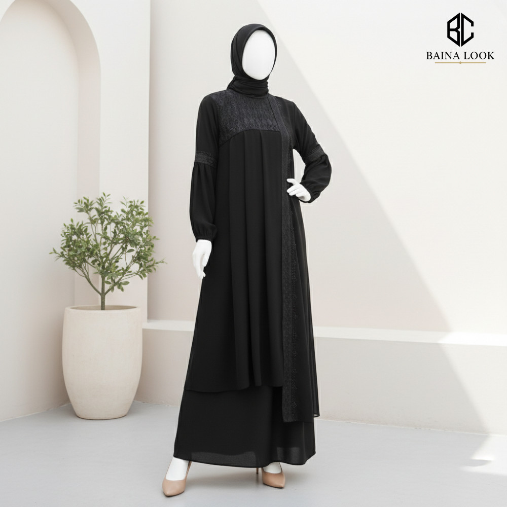 Abaya Hitam Turki Premium Gamis Wanita Muslimah Modern Elegan Umroh Lebaran Terbaru 484