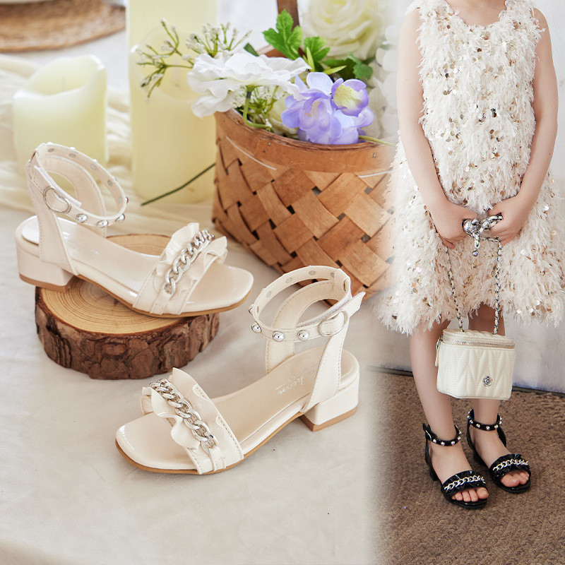 Sandal hak tinggi untuk anak perempuan, sepatu putri berhias pita untuk anak perempuan kecil, sepatu