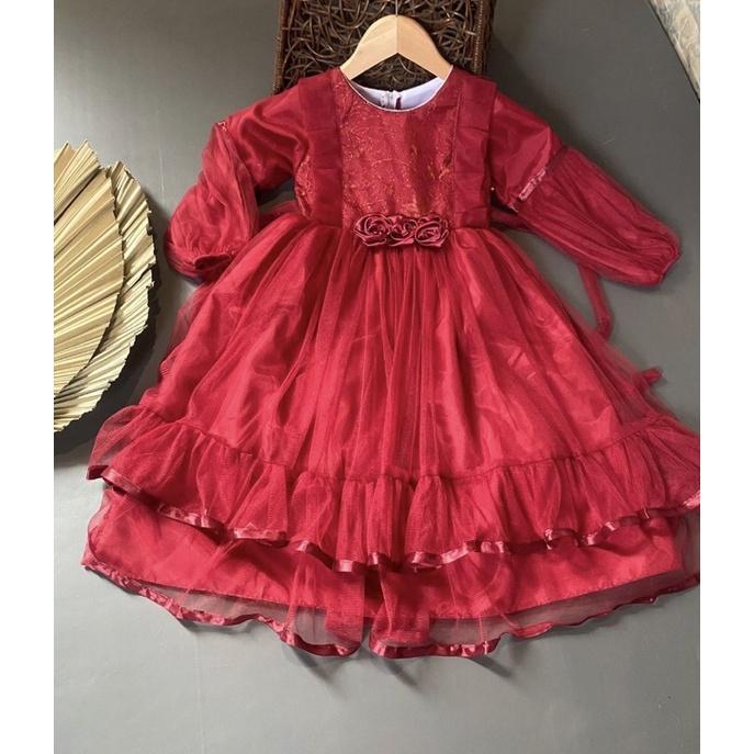 Baju pesta muslim anak / gaun pesta muslim / bajupestaanakperempuan / K3 - Maroon, 4-5 tahun