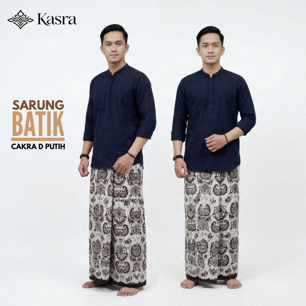 KASRA Sarung Batik Motif Cakra D Putih Premium Pria Dewasa Katun Tebal Adem Nyaman untuk Sholat