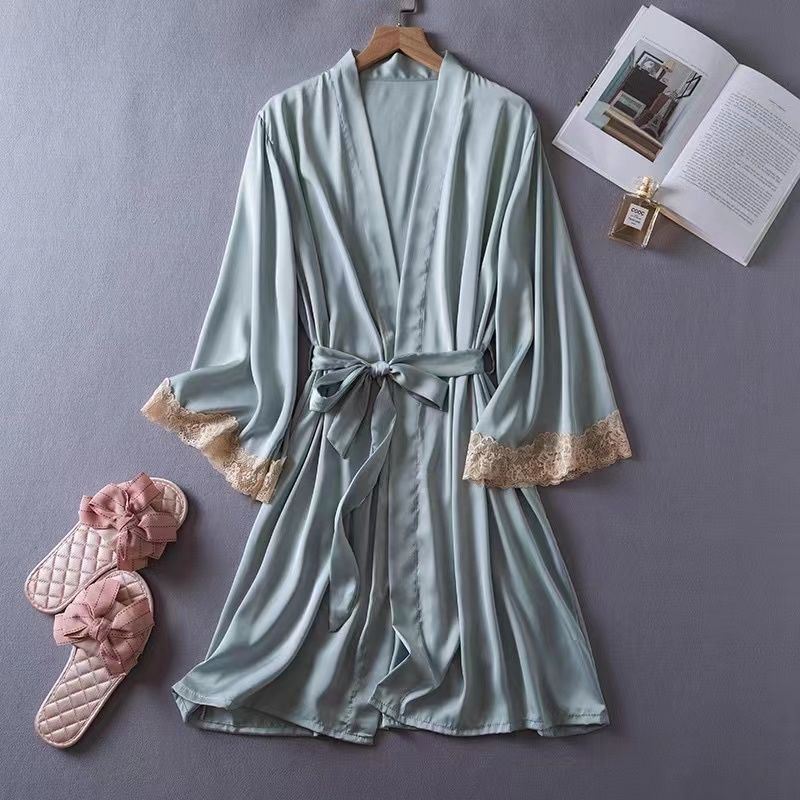 [Leemeoo] Kimono Wanita Renda Tali Bahan Sutera Satin Piyama Rumah Nyaman Piyama Aestetik Wanita