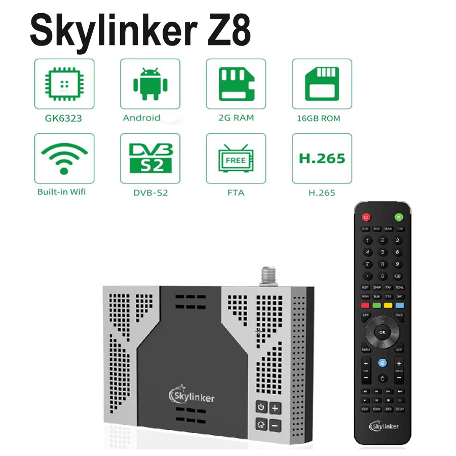 Skylinker Z8 Android OTT+H.265 DVB-S2 FTA With H265 2+16GB Hybrid 4K DVB S2 Satellite Receiver Set T