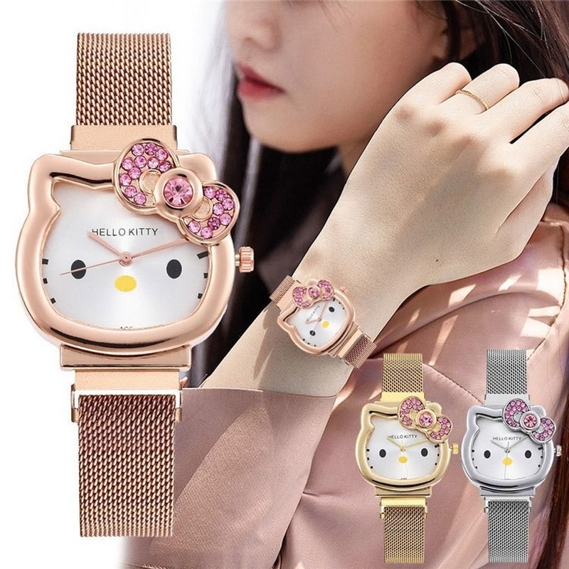 Jam Tangan Anak Perempuan Hello Kitty Kartun Sabuk Jaring Magnetik Perak Emas Kuarsa Untuk Siswa