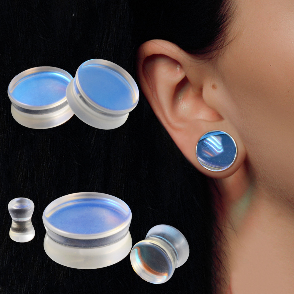 Pair Top Quality Double Flare Iridescent Glass Flashback Ear Plugs AB Color Tunnel Gauge Ear Stretch