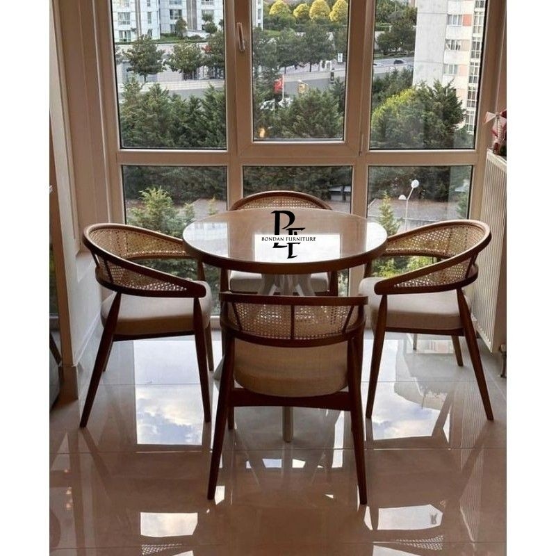 Set Meja Makan Kayu Jati Meja Bulat Kursi Kombinasi Rotan Kayu Jati Asli Jepara