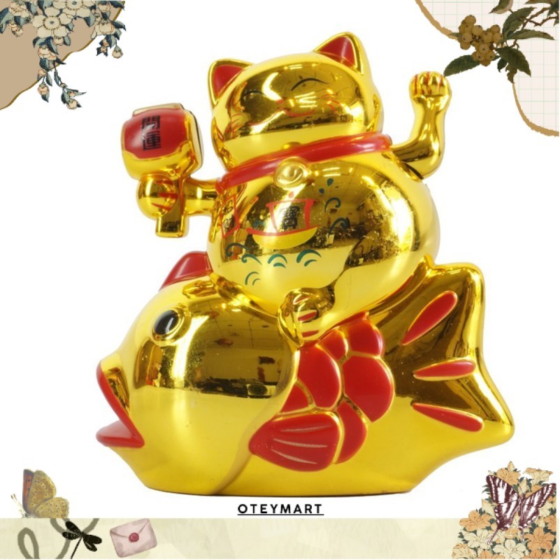 Terbaru Patung Kucing Ikan Maneki Neko 16 Cm Besar Emas Merah Beruntung Lucky Cat CRY COD