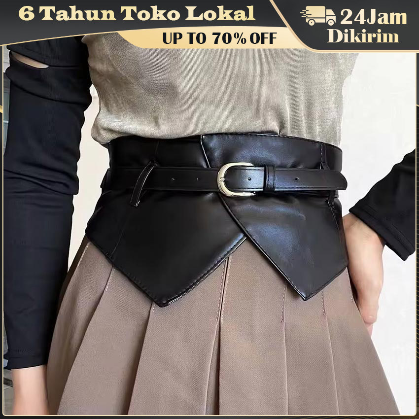 Ikat Pinggang Wanita Korea Wide Belt Sabuk Lebar Kulit Retro / Corset Obi Belt Fashion Premium Hitam
