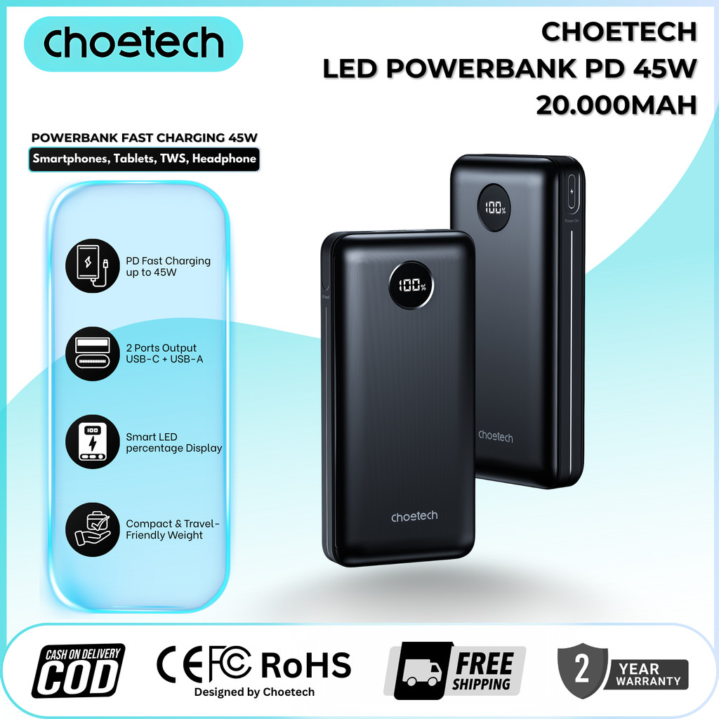 Choetech B653 Power Bank 20000mAh PD 45W | Fast Charging Laptop & Smartphone | USB-C Power Delivery