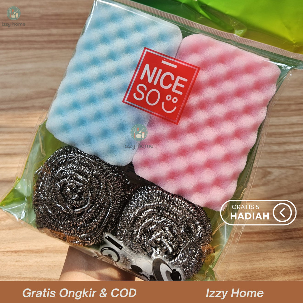 [Gratis 5 Hadiah Spons Cuci Piring Sabut Jaring Warna Pink Biru Kawat Set Isi 4 pcs