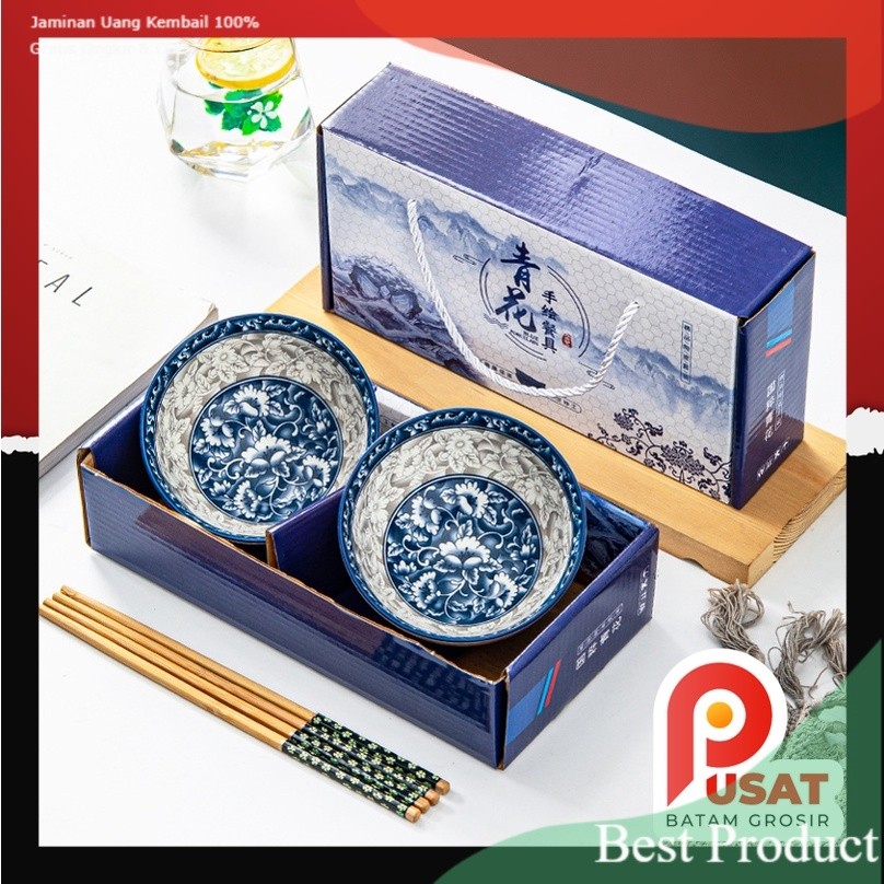 Pusat Batam Grosir - H1149 Set Mangkok Peralatan Makan / Mangkok Keramik 2 in 1 / Mangkuk Nasi / Kot