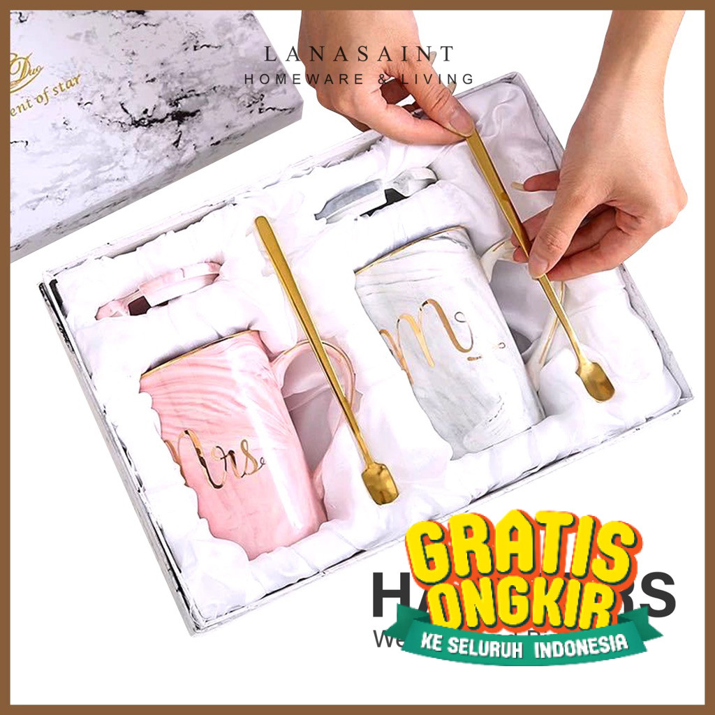 LANASAINT Hampers Wedding amd Birthday BERN Marble Glass Set  Mr & Mrs Glass/ Hijau Toska Biru Aqua