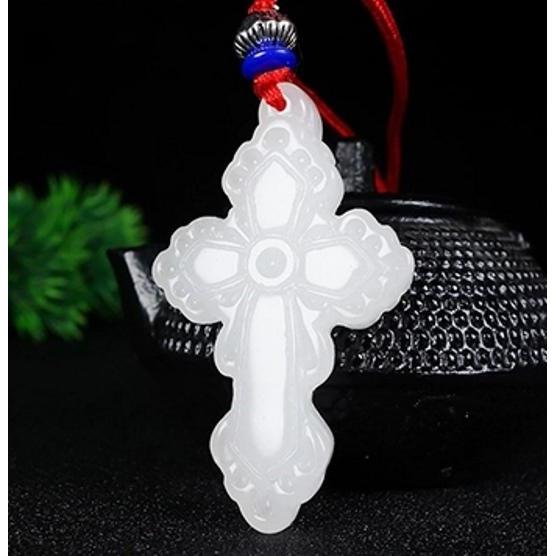 kalung liontin natural batu jade giok putih ukiran lambang Salib uk +- 46 x 30 x 6mm bisa juga sebag