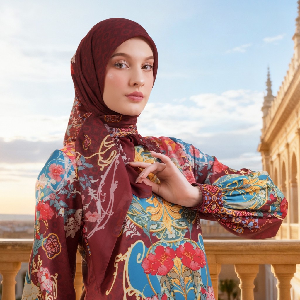 Hijab Segi Empat Motif Lourdetta Maroon Scarf Raya Voal Premium by Ivan Gunawan