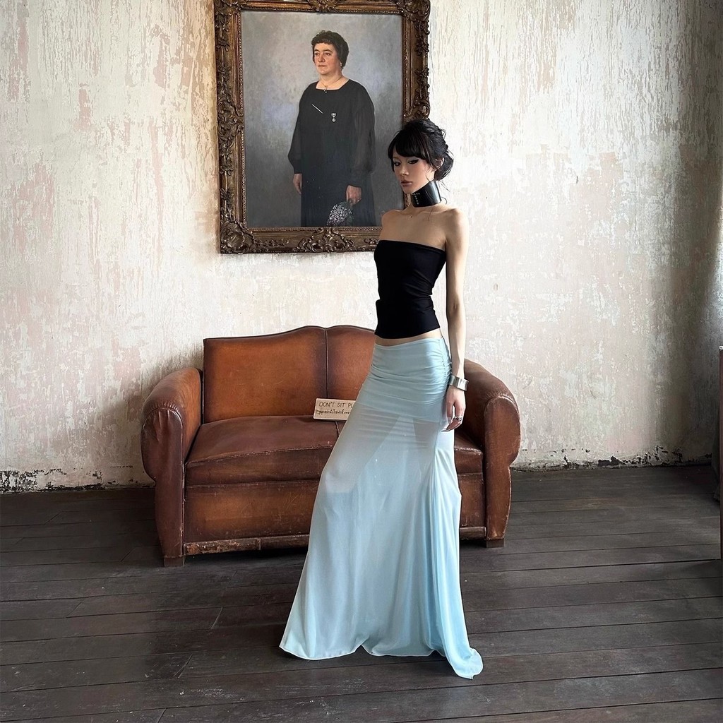 Verve Wardrobe Desain Musim Panas Terbaru Rok Midi Jala Unik Model Ekor Ikan Berpinggang Rendah