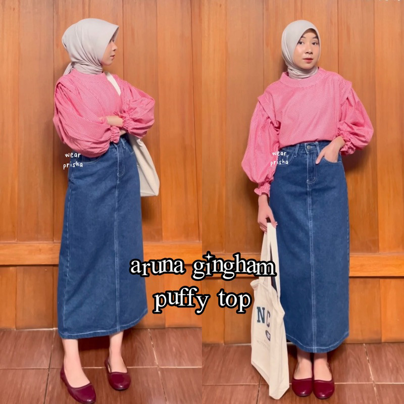 NEW ARUNA GINGHAM TOP PUFFY BLOUSE | ATASAN MOTIF TARTAN KOTAK BLUS LENGAN BALON KATUN TERLARIS