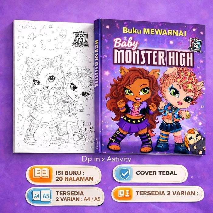 Buku Mewarnai Baby Monster High Anak 20 Halaman Cover Tebal Ukuran A4 & A5 Pensil & Crayon Friendly 