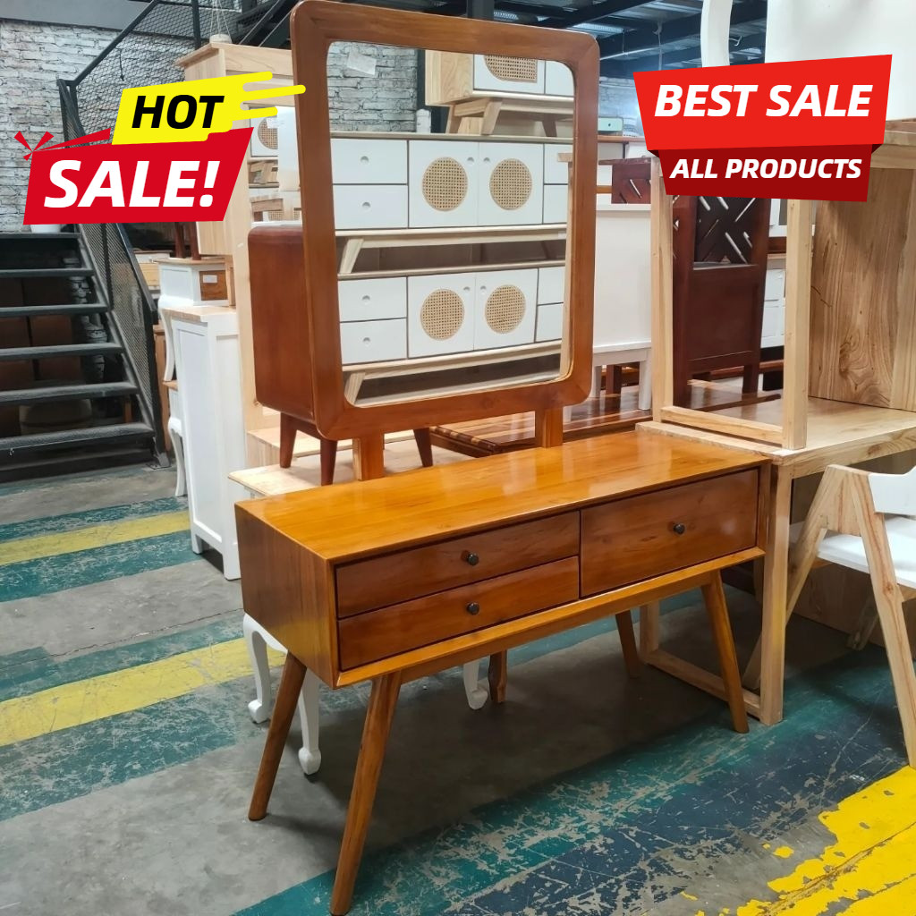 Meja Rias Kayu Jati Minimalis Modern | Set Meja Rias dengan Kursi Kecil | Furniture Jepara Asli