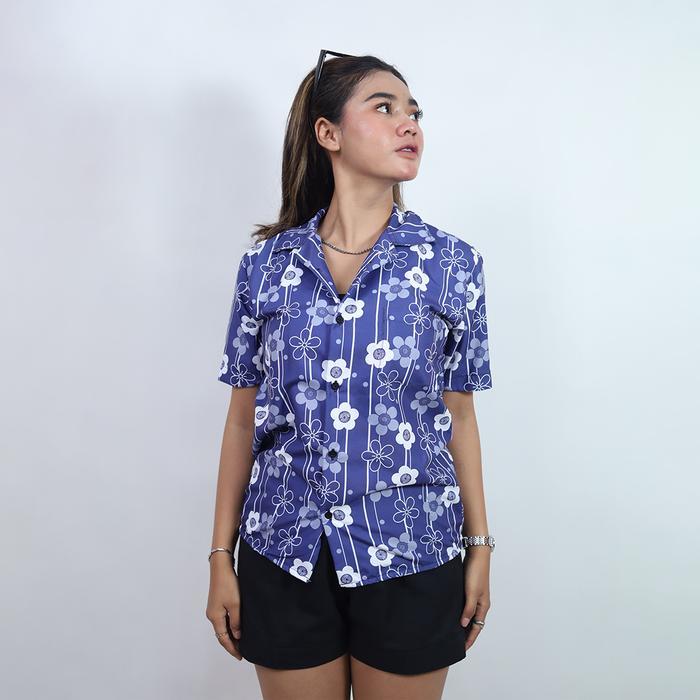 DOWEAR BAJU KEMEJA PANTAI PRIA WANITA LENGAN PENDEK SUBLIM KEREN MOTIF GARIS BUNGA 194 - Dewasa S