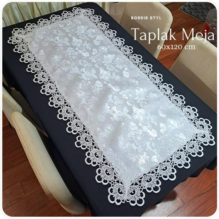 Taplak Meja Tamu Oval Segi Bordir Shabby Chic Mewah Taplak Meja Cantik 45×90 Cm - WHITE 60x120