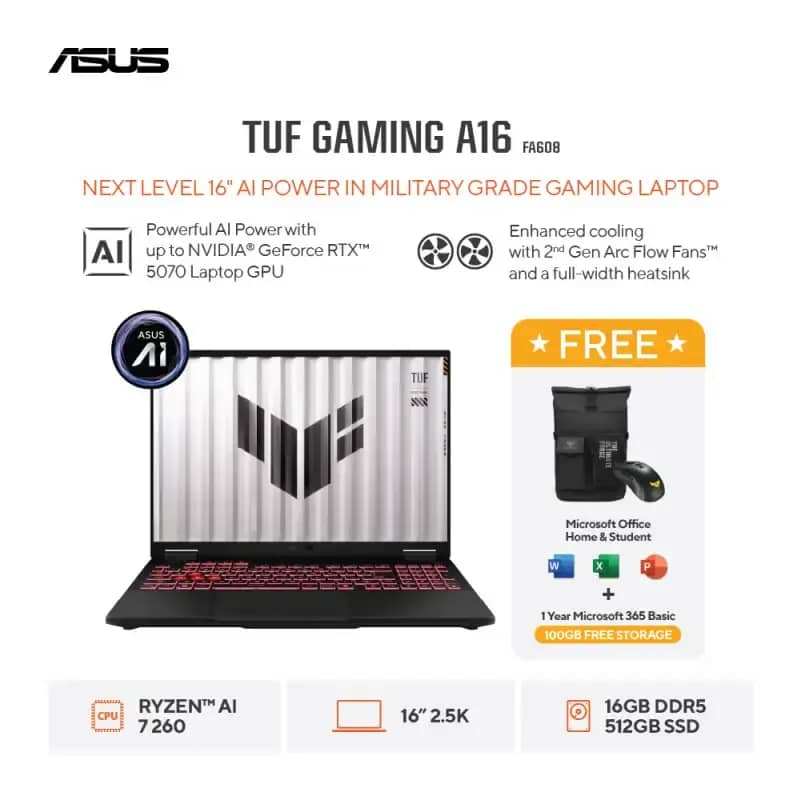 Asus TUF A16 FA608UM-R7N56G6G-HM, Amd R7 260/8GBx2/512GB/RTX5060 V8GB/W11+OH24+M365(1Y)/2Y (1ST Y PE