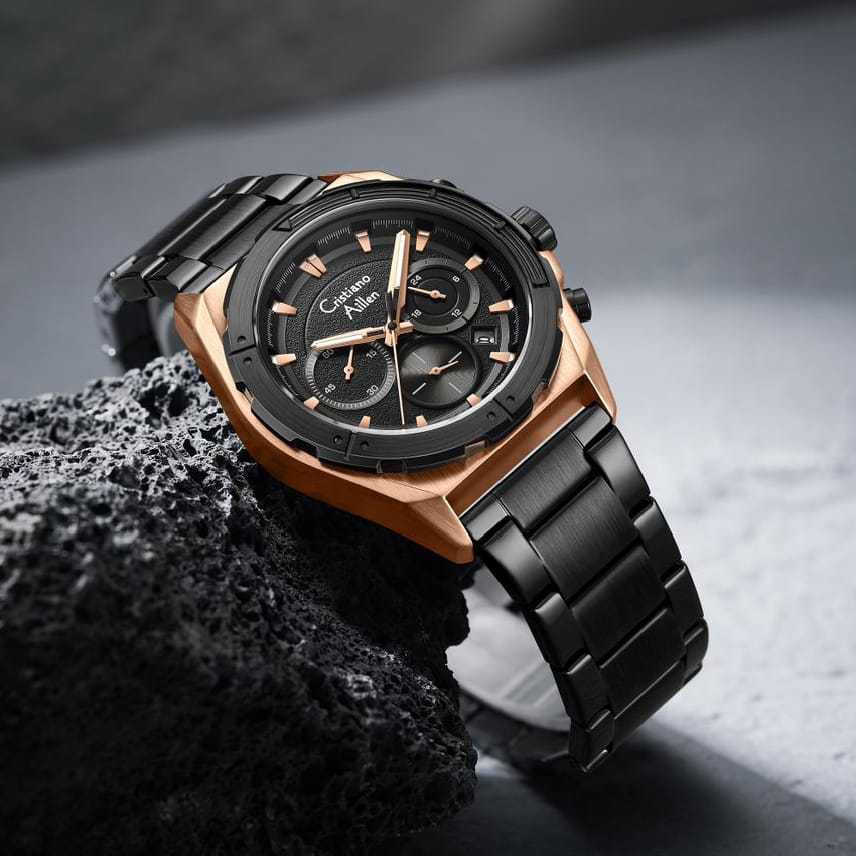 Cristiano Aillen 8901 Jam Tangan Pria wanita Analog Rantai Stainless Steel Chronograph Kaca Sapphire