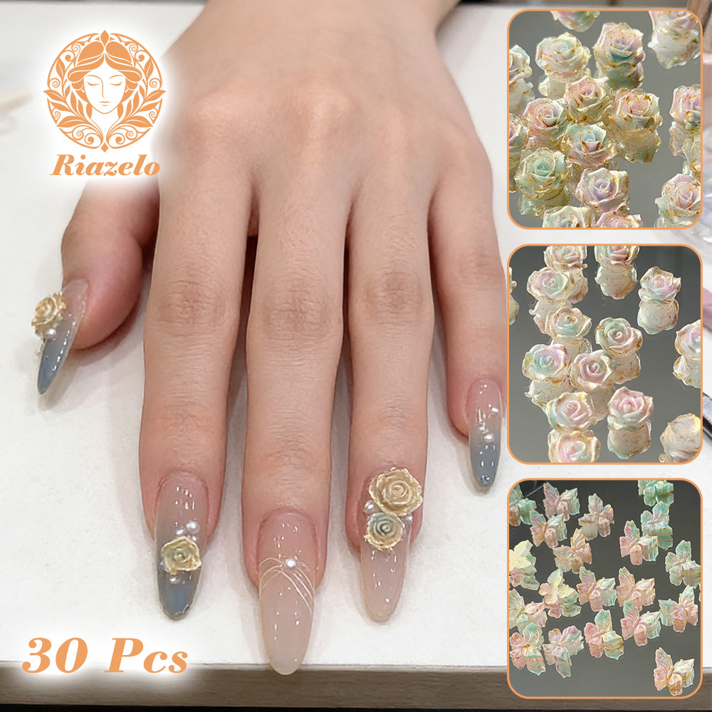 Aksesoris Kuku Glow in the Dark Emas Cair 30 Pcs Kupu-Kupu Melati Mawar Hiasan Kuku Lukisan Cat Miny