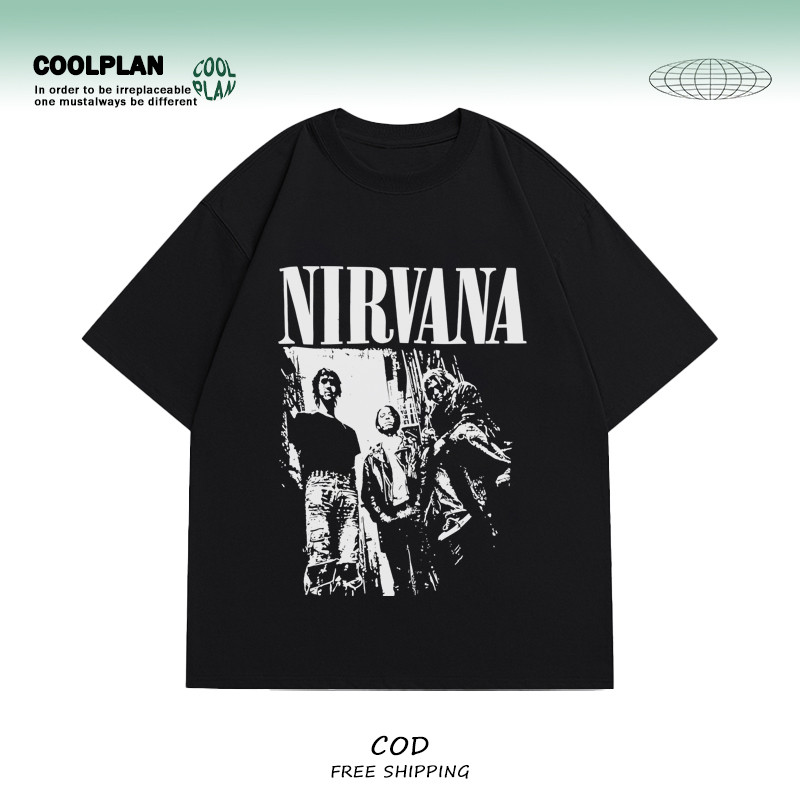 COOLPLAN Nirvana band poster print oversized short-sleeved T-shirt Kaos Wanita Hitam Kaos pria dan w
