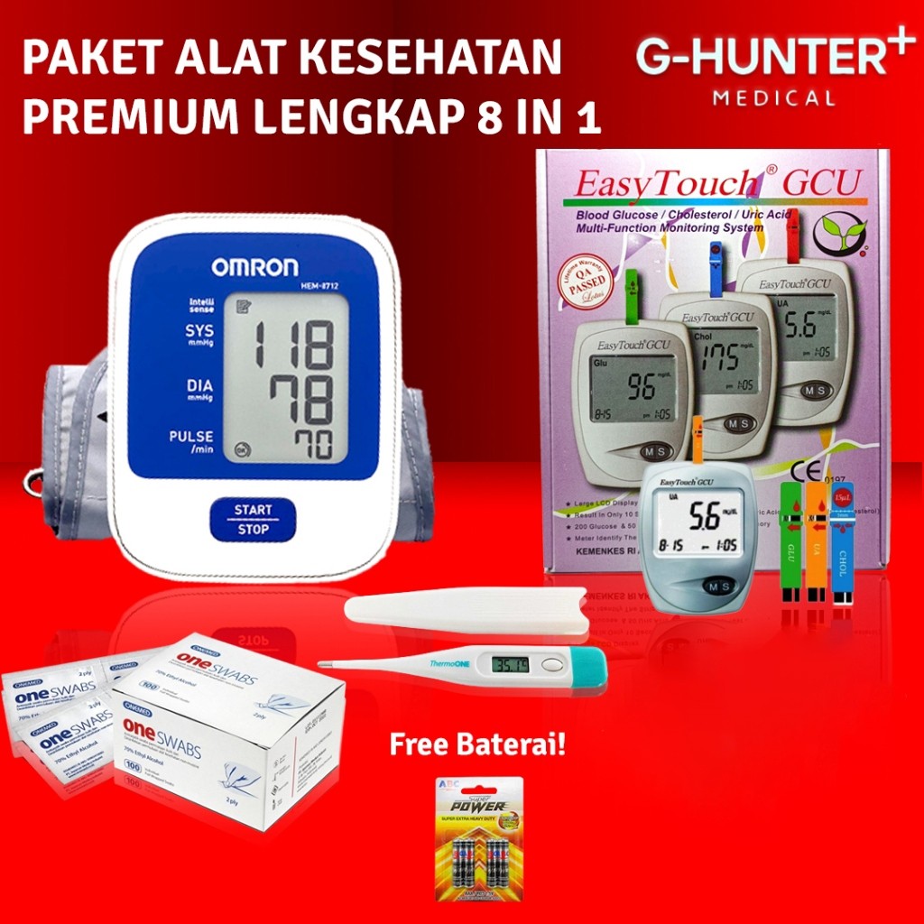Paket Alat Kesehatan Premium 5 In 1 / Alat Test Darah Easy Touch GCU 3 In 1 / Digital Tensimeter Omr