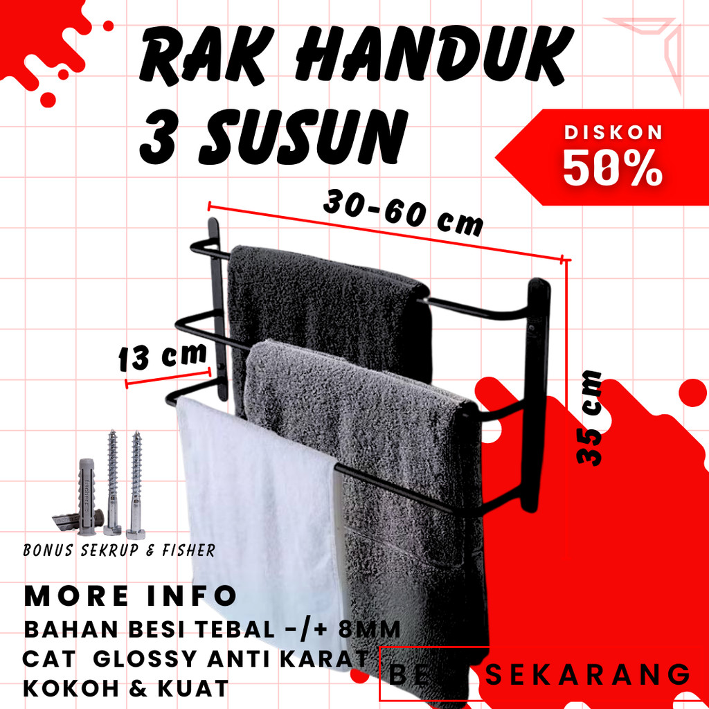 Gantungan handuk 3 susun / Rak handuk kamar mandi 3 susun / gantungan handuk tempel dinding
