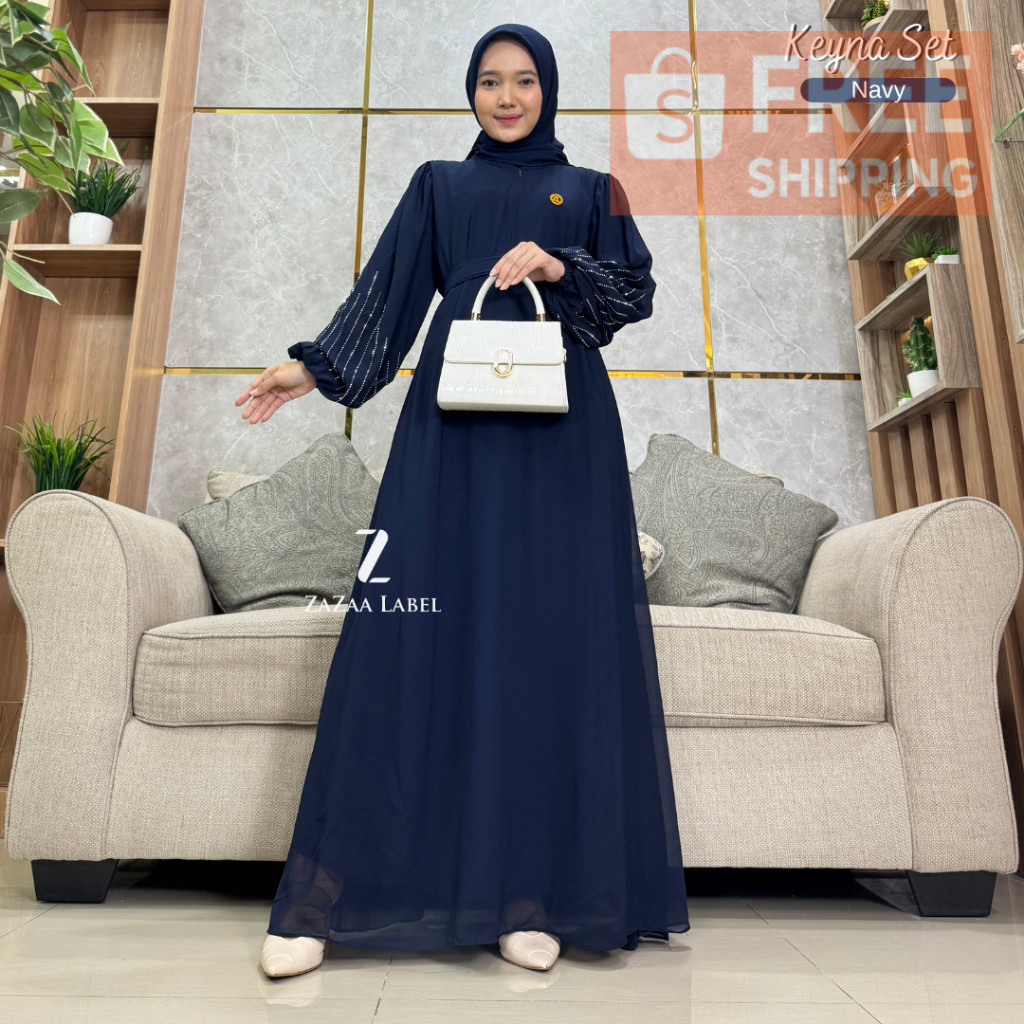 Zazaa Label - Keyna Set Gamis Hijab Bahan Ceruti Babydoll Aplikasi Swaroski Zipper Busui Wanita Musl