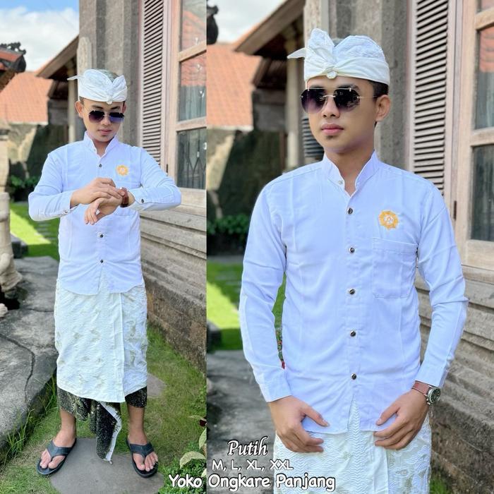 Semi Safari Ongkara Pria Bali Dewasa Lengan Panjang - Putih, M