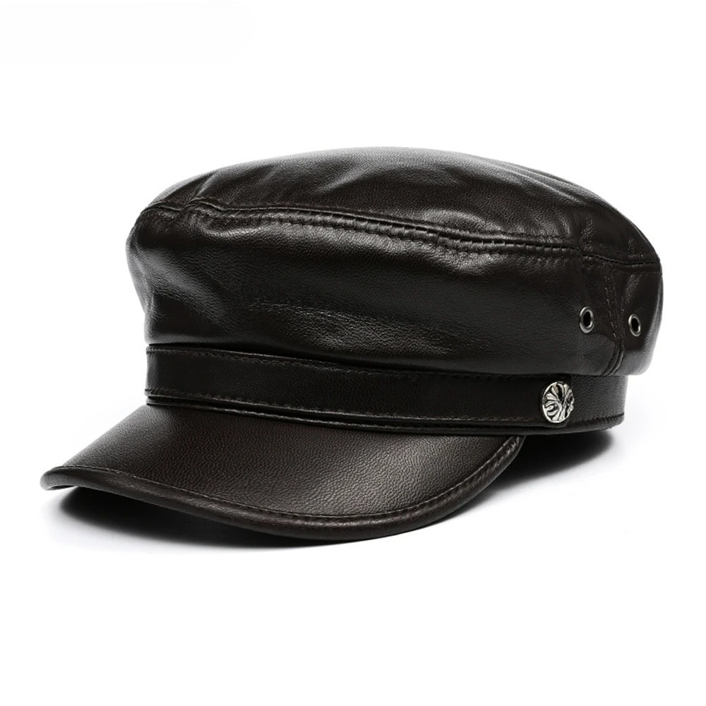 Winter NEWSBOY Cap Black Fiddler Hat Women Men Real Sheepskin Military Hat Genuine Leather Retro Lae