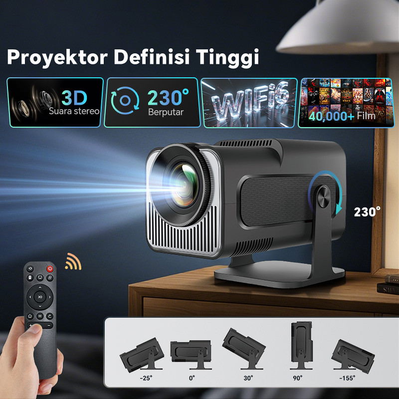 Proyektor Mini 4K WiFi6 Putar 230° Speaker Stereo untuk Rumah Nonton Film Meeting