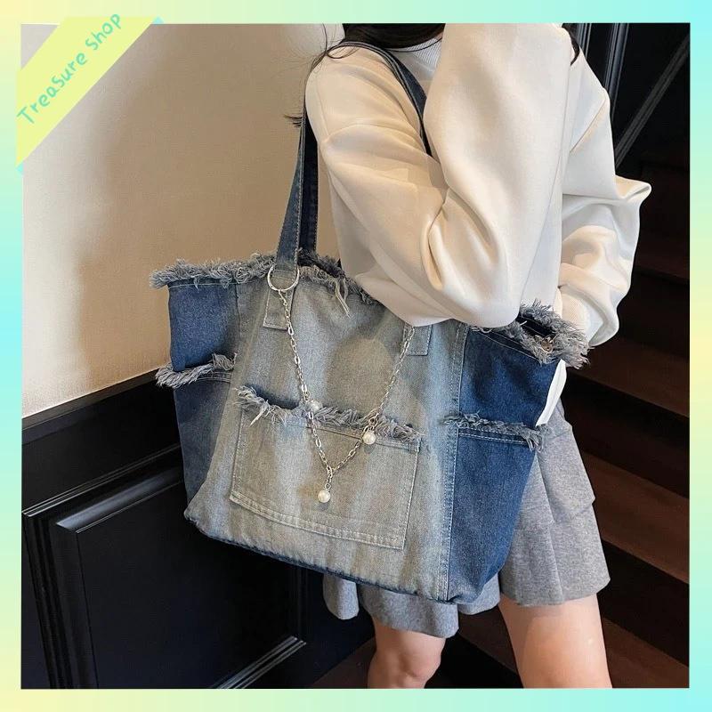 Tas Tangan Denim Ukuran Besar / Tas Kerja Kapasitas Besar / Tas Bahu Wanita Gaya Korea / Tas Wanita 