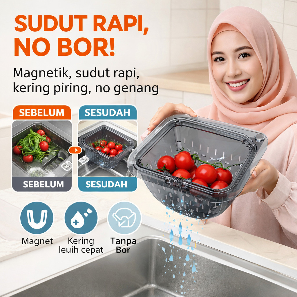 [Diskon Spesial 50%] Tempat Cuci Piring Magnetik | Rak Segitiga | Stainless Steel Anti Karat | Tempa