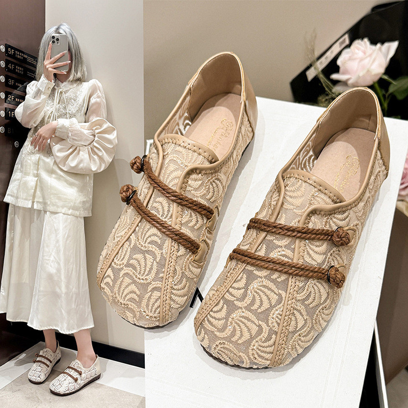 Tombol cakram jala Sepatu Doudou gaya etnik sol lembut satu pedal sepatu tunggal wanita